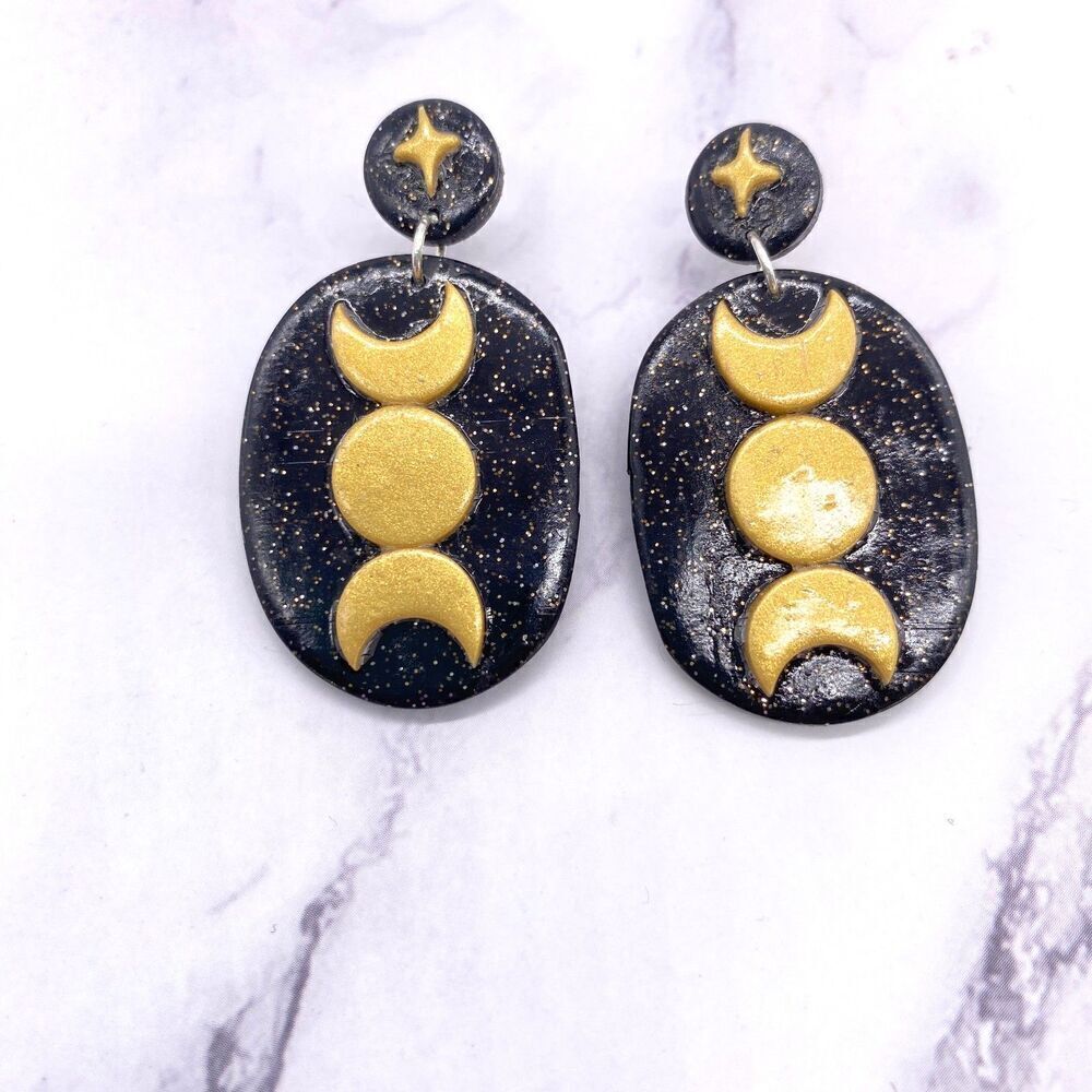 Black & Gold Moon Phase Earrings